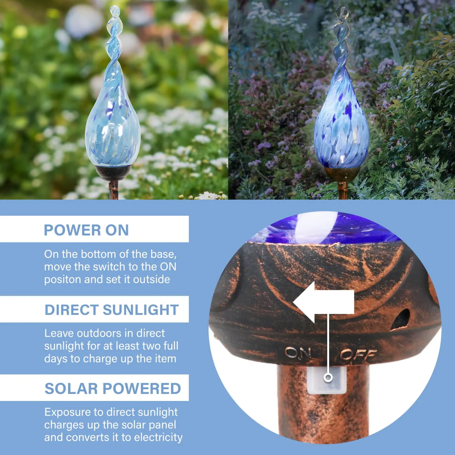 Solar Pearlized Glass Twisted Flame Garden Stake with Metal Finial Detail in Light Blue, 36 Inch