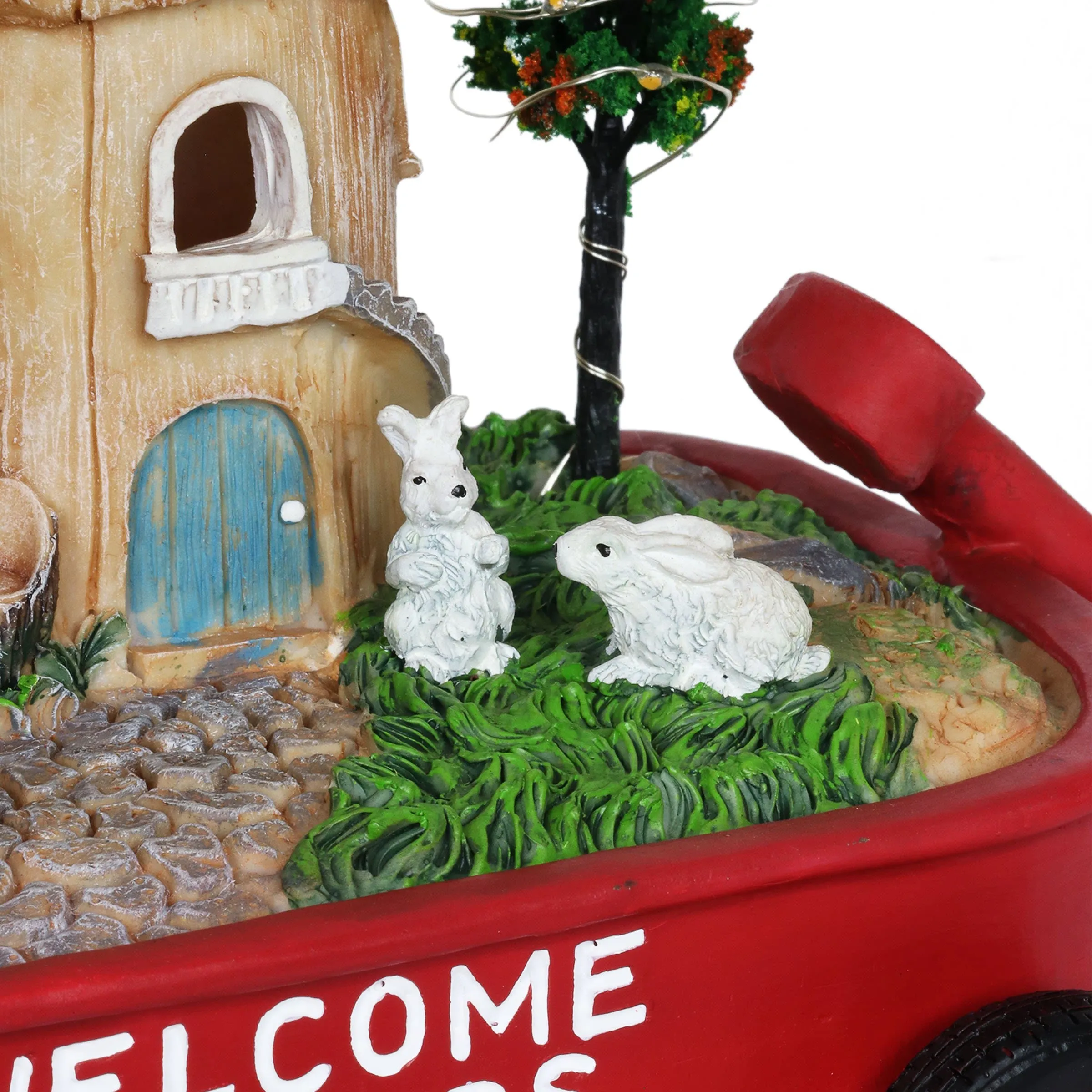 Solar Red Wagon with Mini Garden Statue, 6.5 by 8 Inches