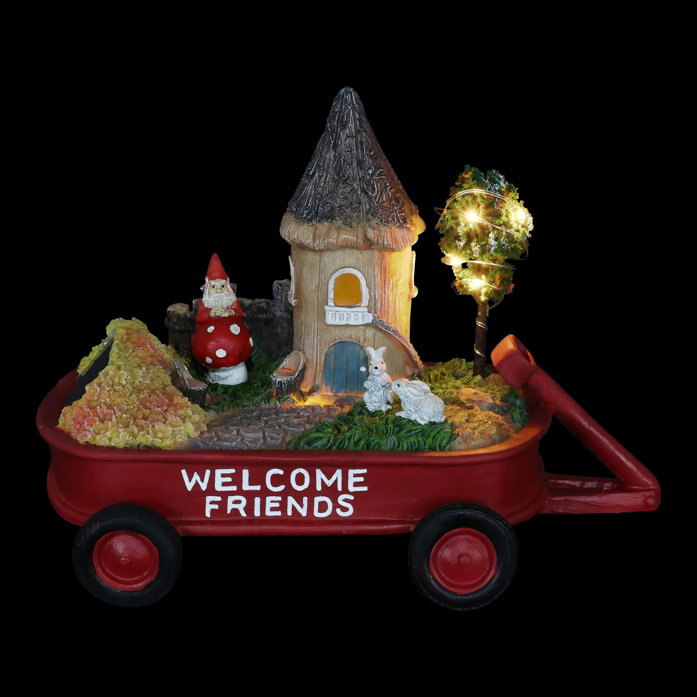 Solar Red Wagon with Mini Garden Statue, 6.5 by 8 Inches