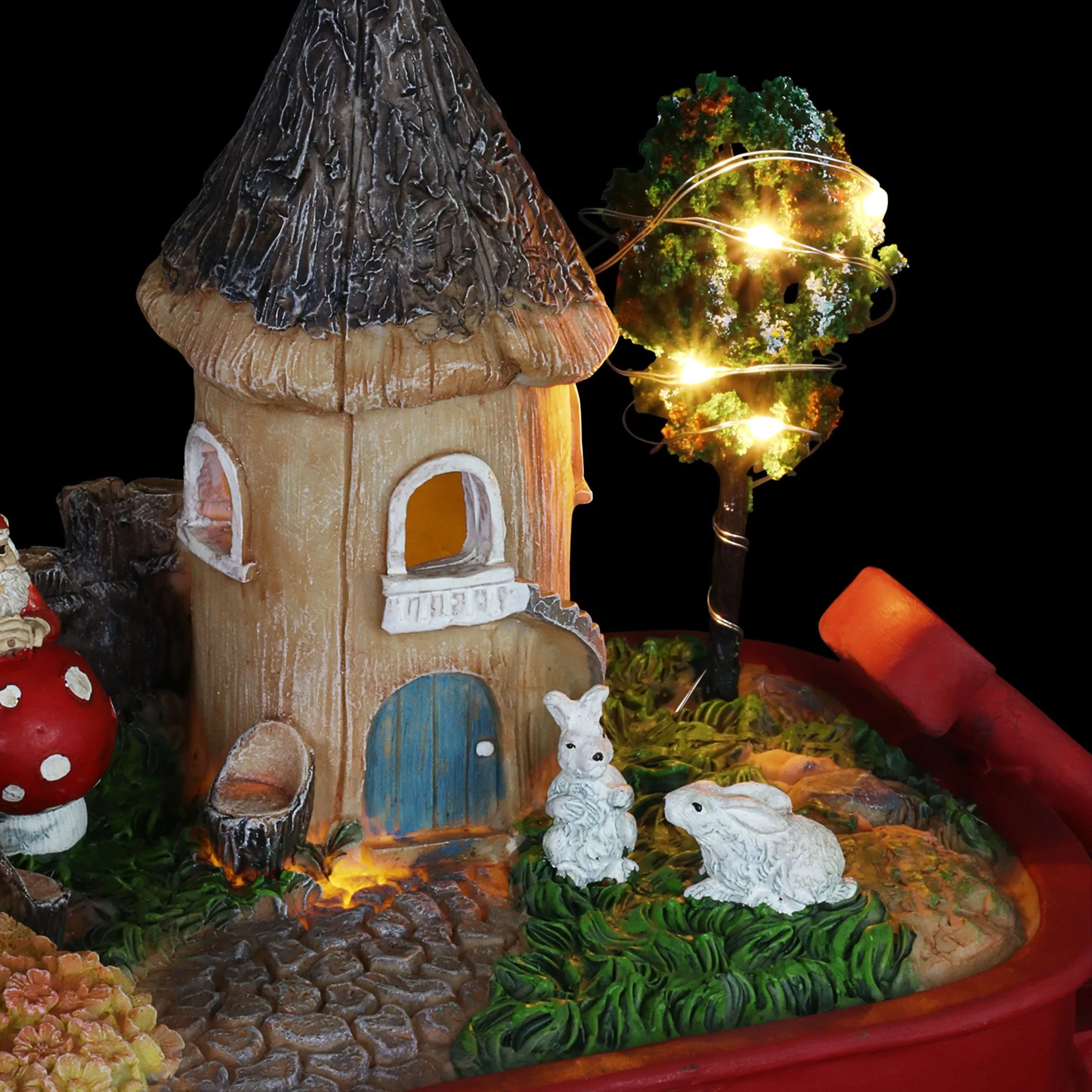 Solar Red Wagon with Mini Garden Statue, 6.5 by 8 Inches