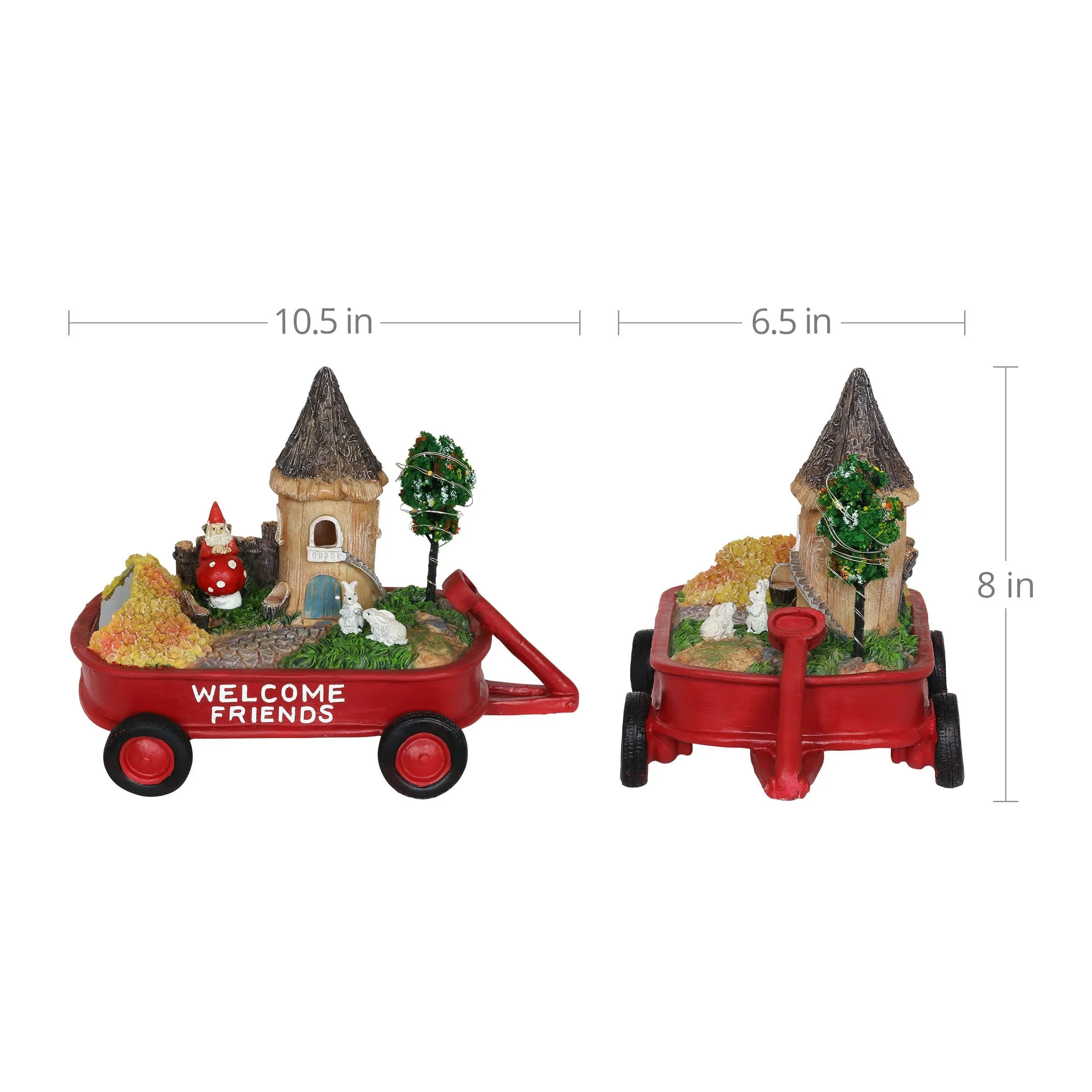 Solar Red Wagon with Mini Garden Statue, 6.5 by 8 Inches