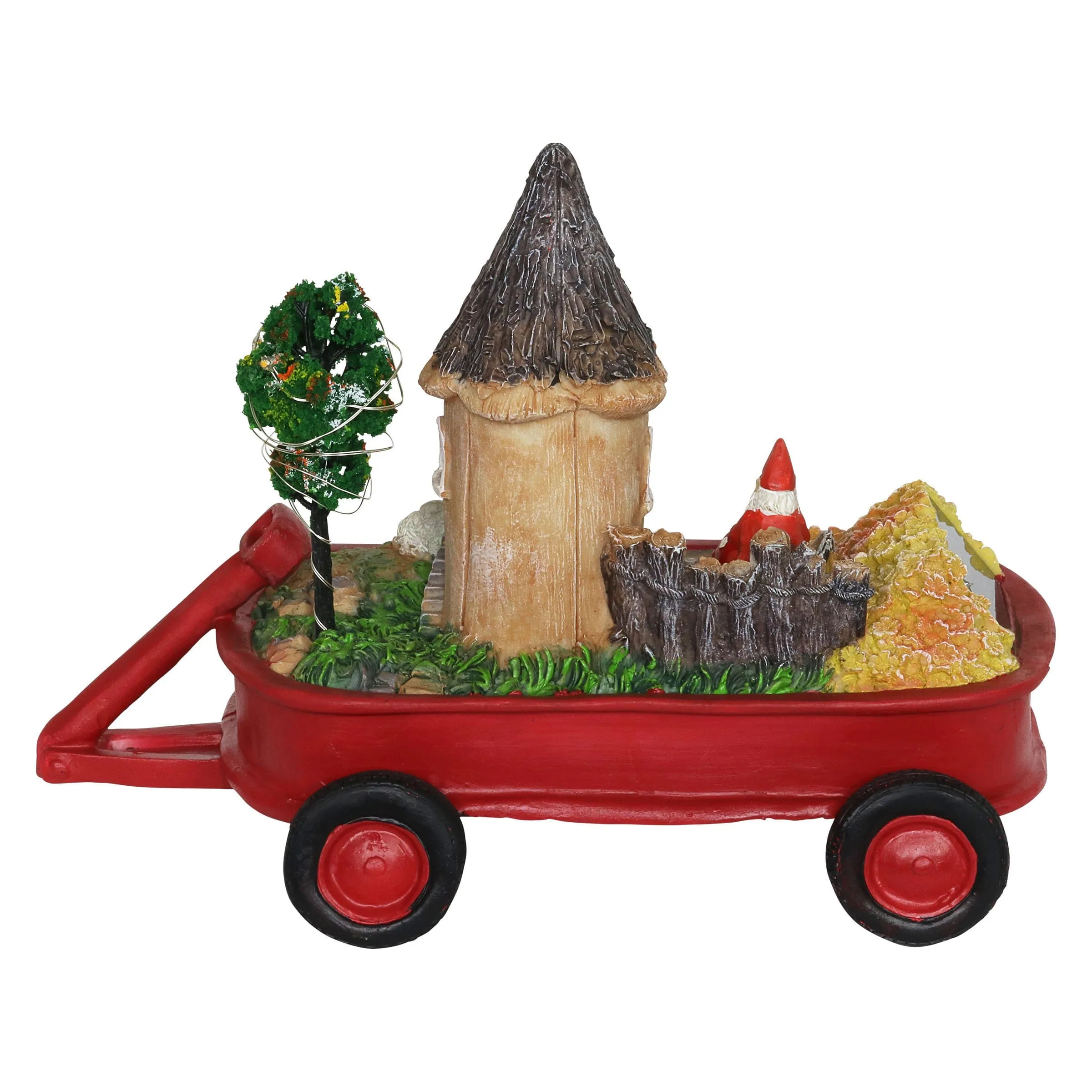 Solar Red Wagon with Mini Garden Statue, 6.5 by 8 Inches