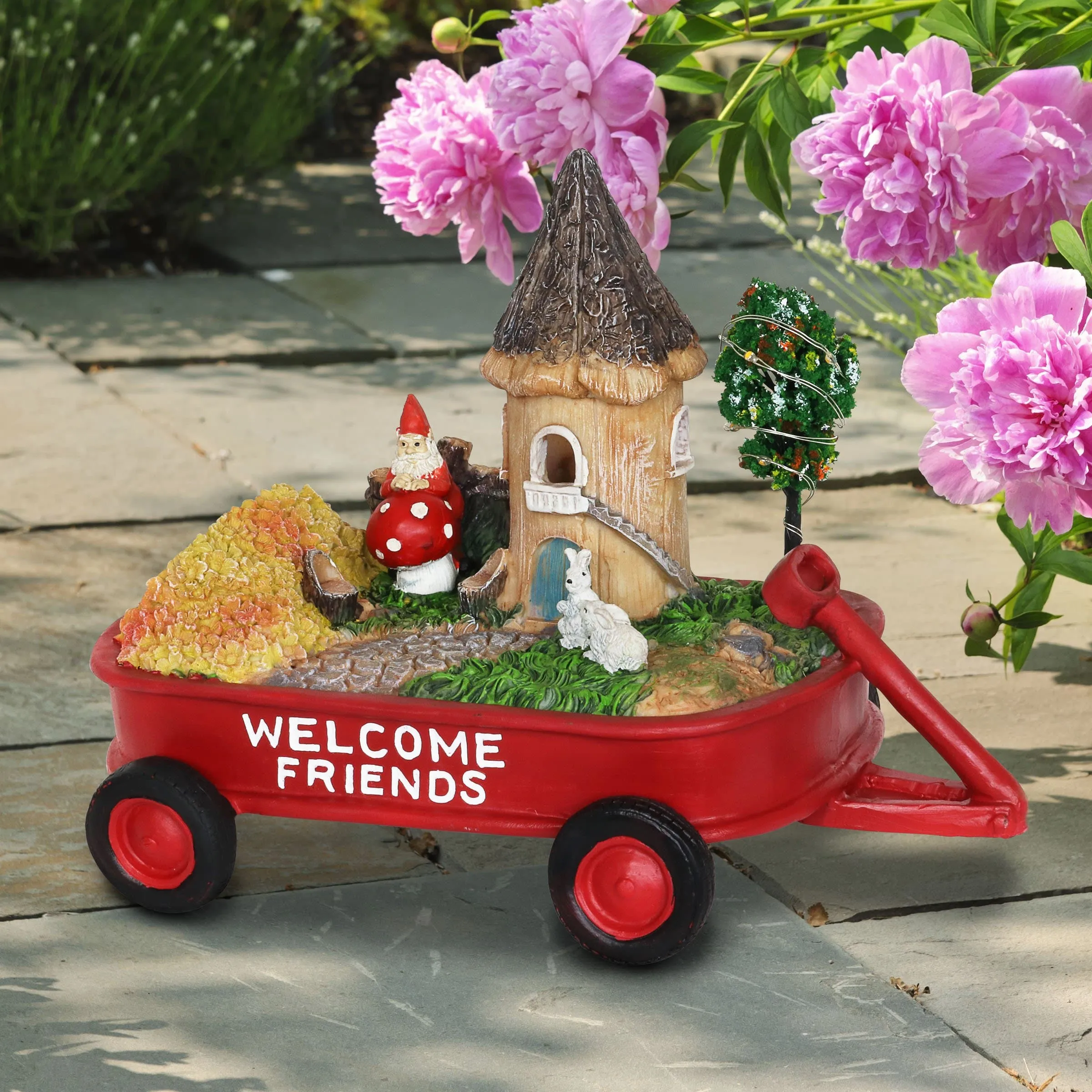 Solar Red Wagon with Mini Garden Statue, 6.5 by 8 Inches