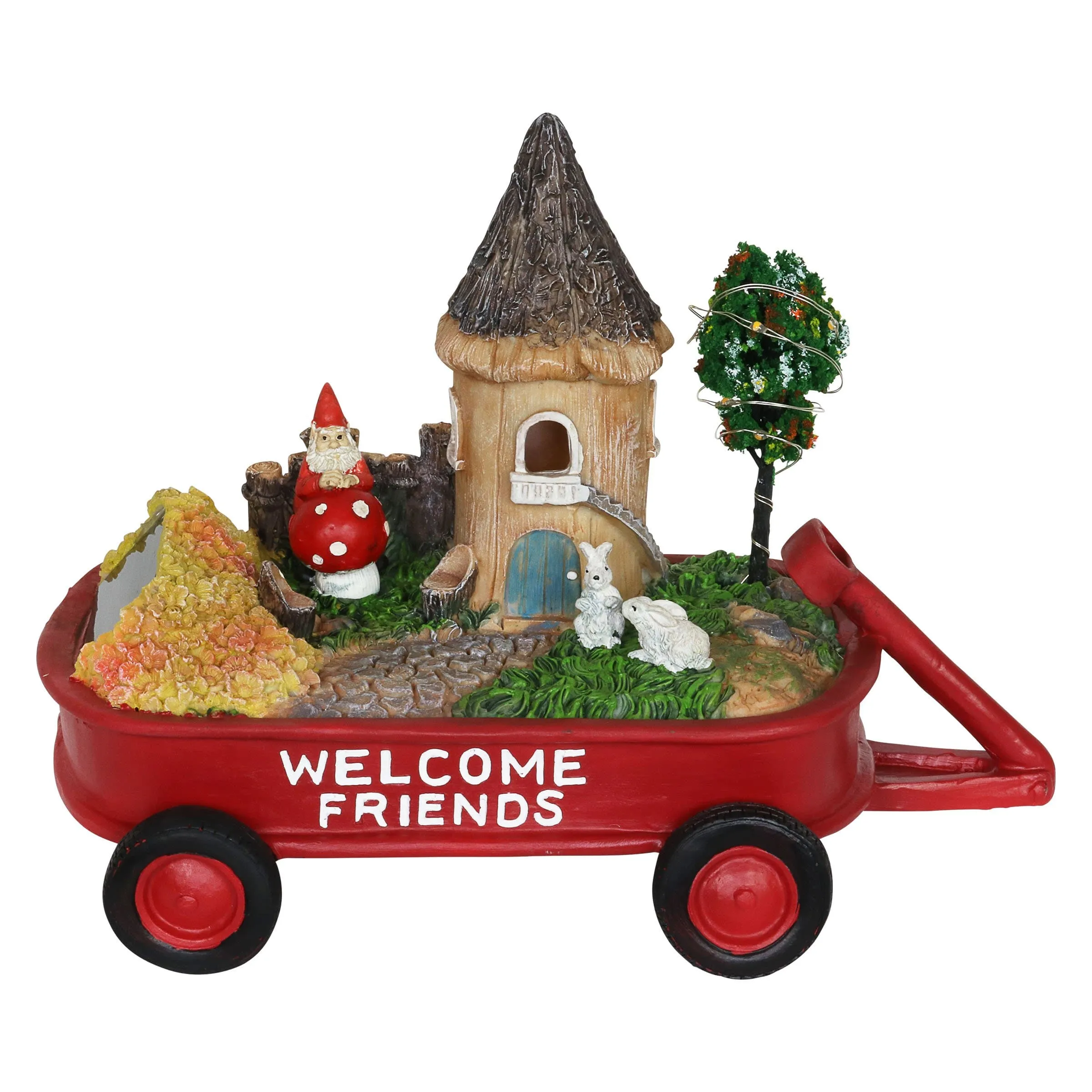Solar Red Wagon with Mini Garden Statue, 6.5 by 8 Inches