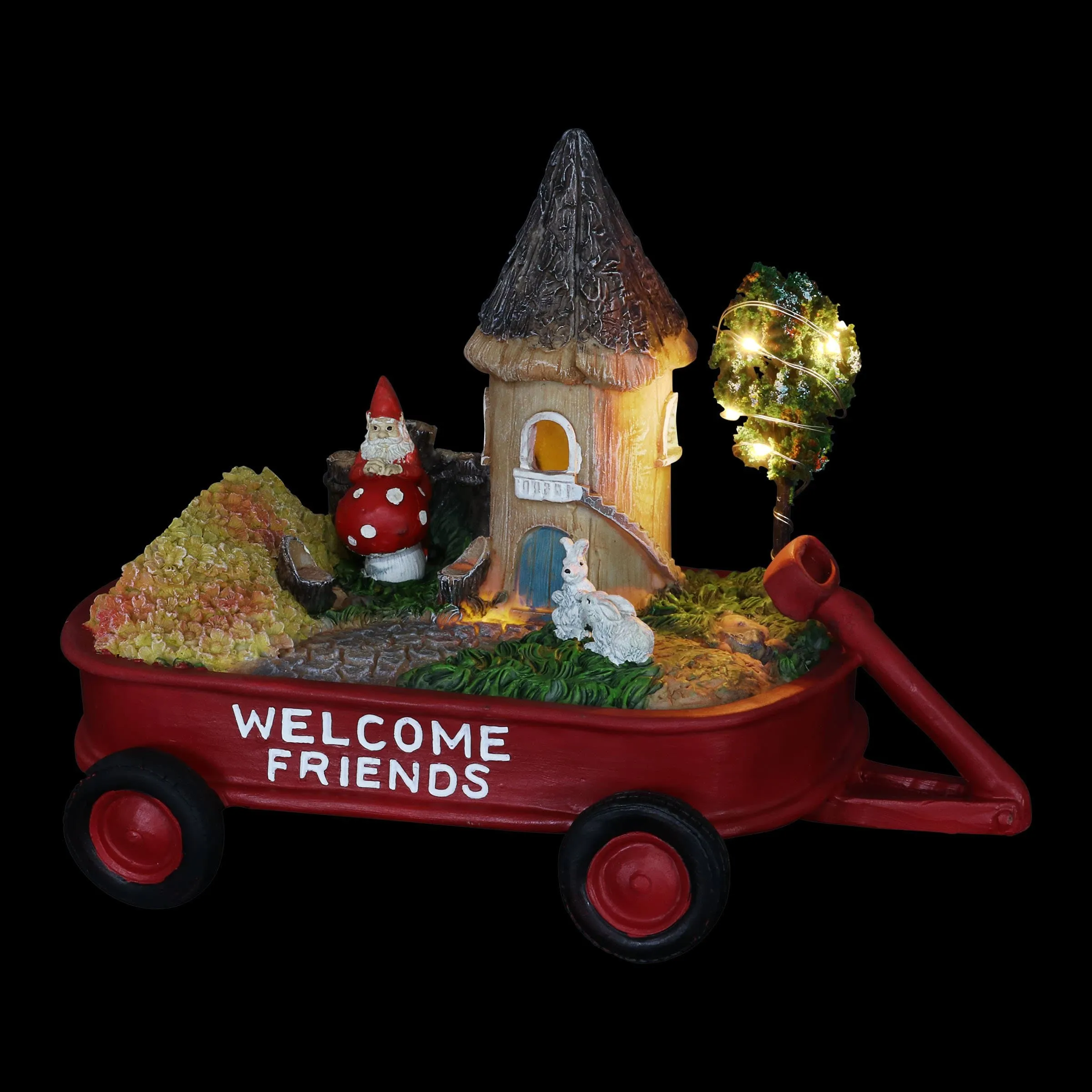 Solar Red Wagon with Mini Garden Statue, 6.5 by 8 Inches