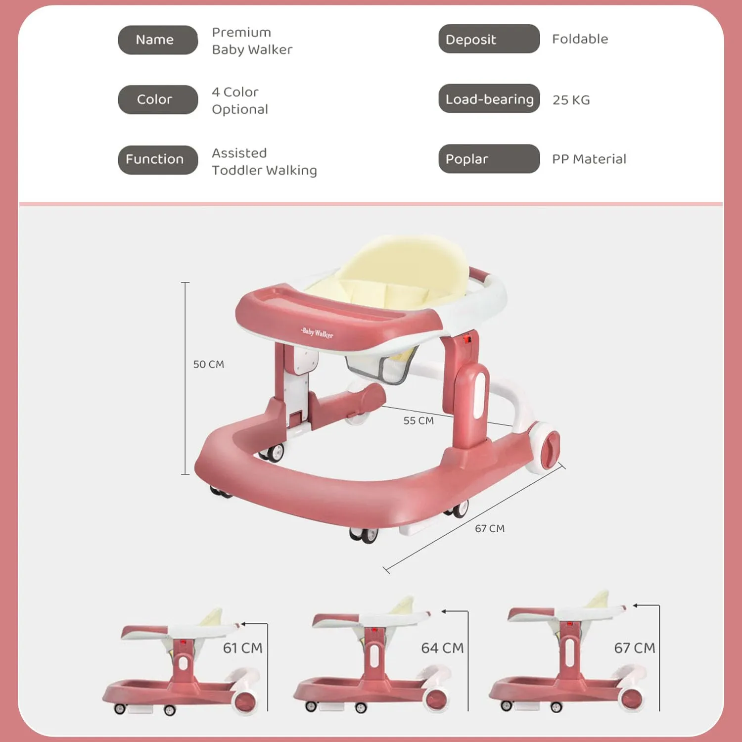 StarAndDaisy Baby Walker/Multifunction/Anti-o Shaped Leg/Anti-Fall/Music Box/Height Adjustment/Baby/Newborn/girl/boy/6-15months *with SEAT Cushion (Pink)