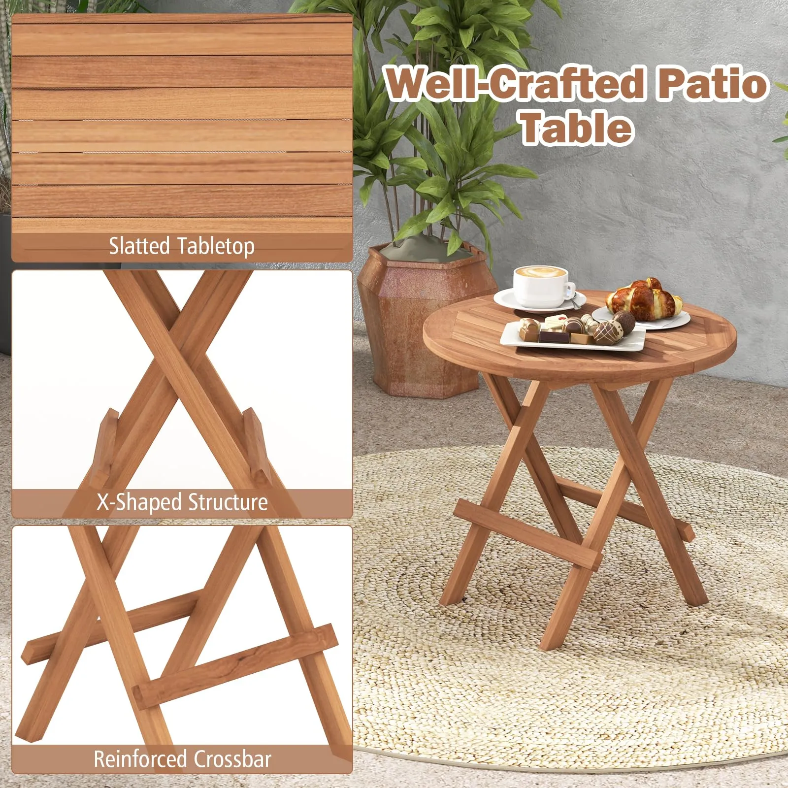 Tangkula Patio Folding Side Table, Teak Wood Round End Table with Slatted Tabletop