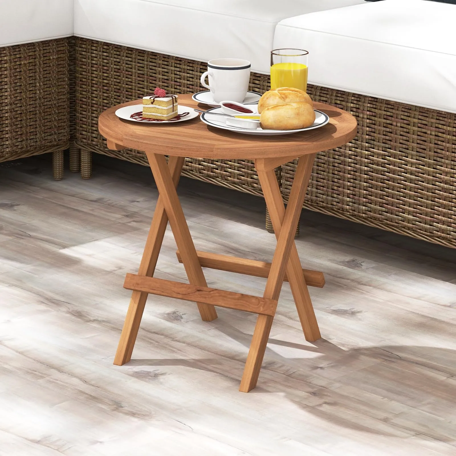 Tangkula Patio Folding Side Table, Teak Wood Round End Table with Slatted Tabletop