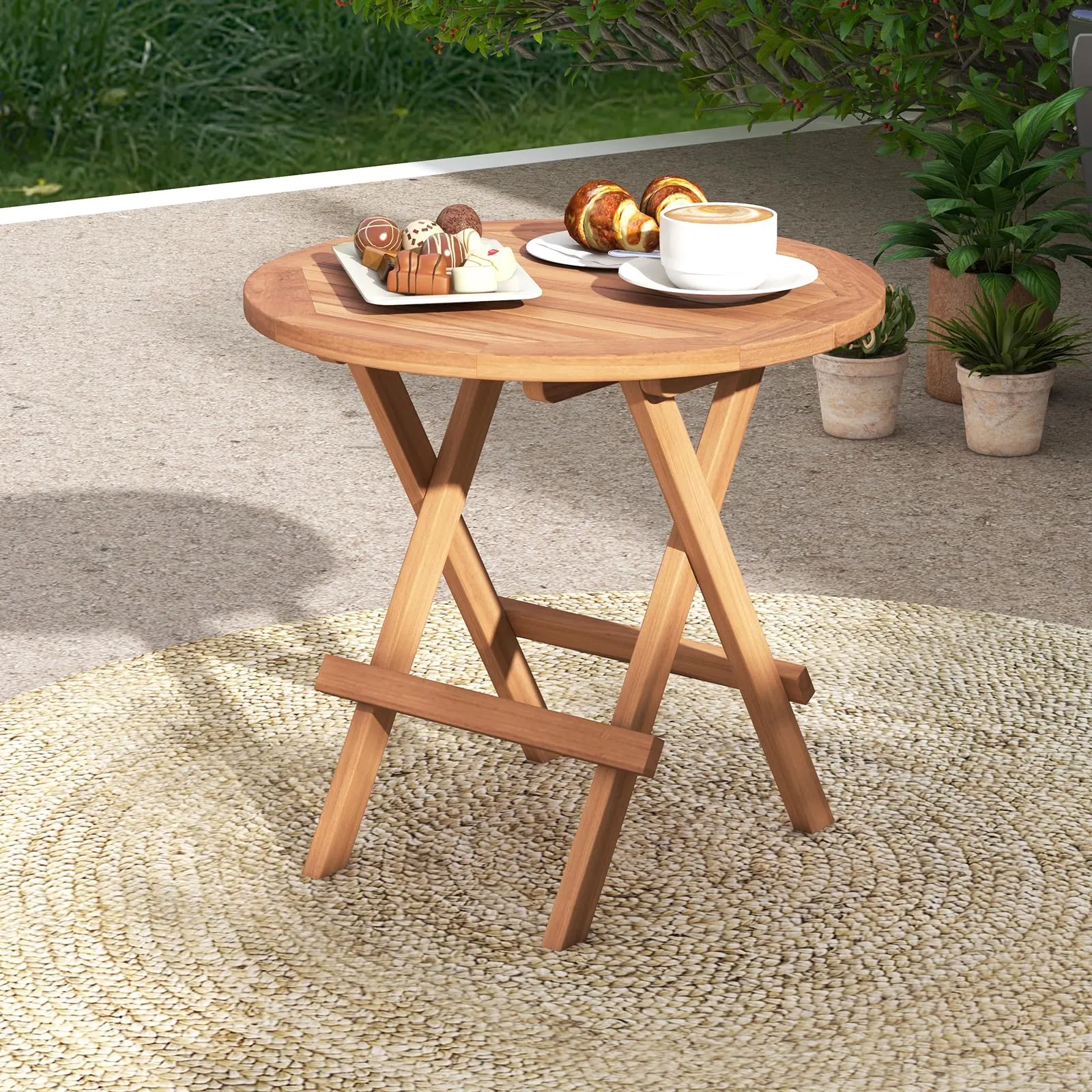 Tangkula Patio Folding Side Table, Teak Wood Round End Table with Slatted Tabletop