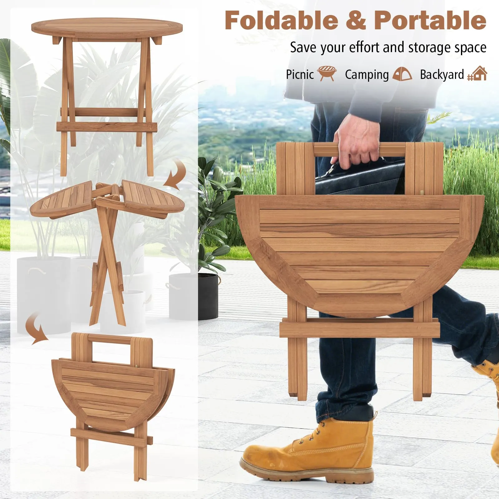 Tangkula Patio Folding Side Table, Teak Wood Round End Table with Slatted Tabletop