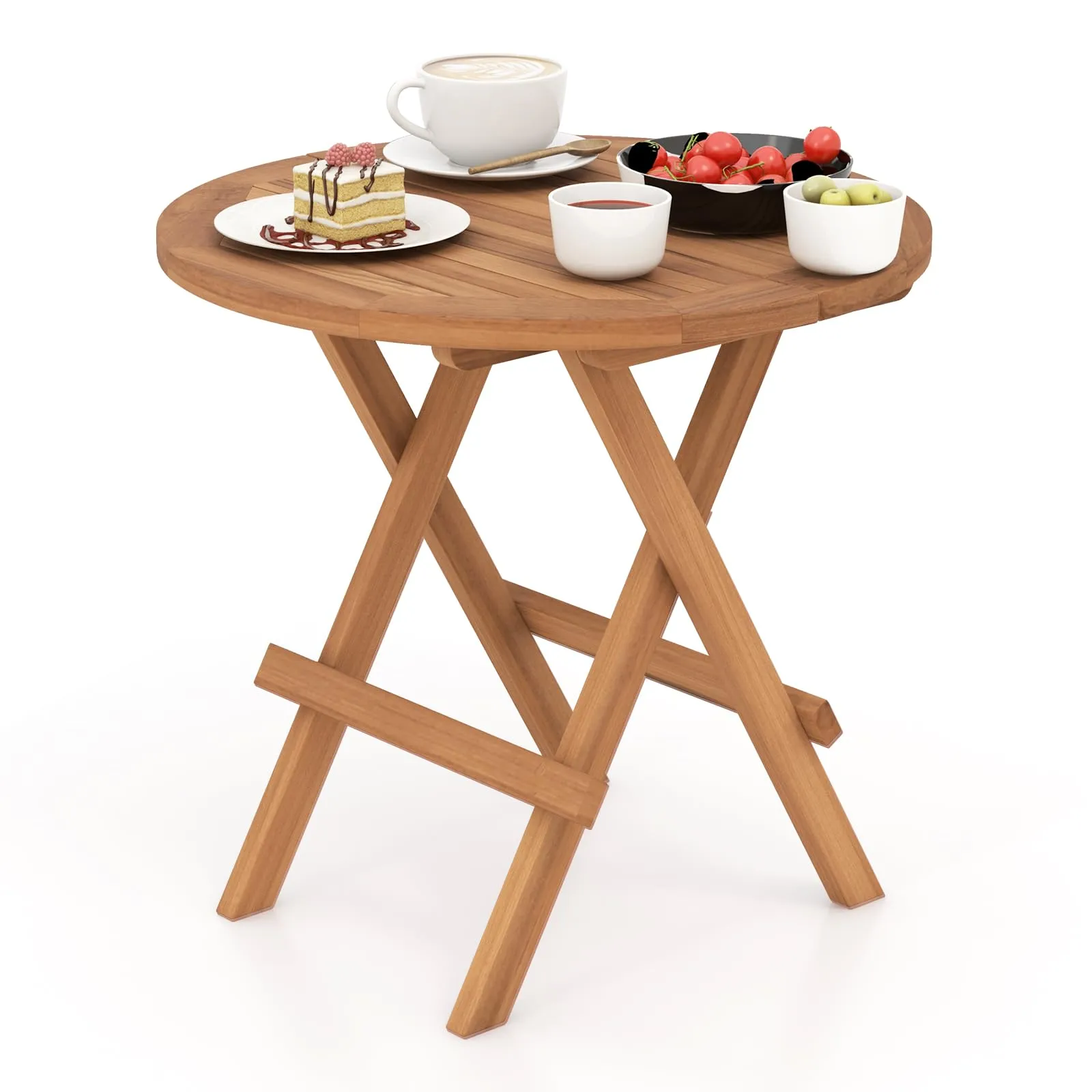 Tangkula Patio Folding Side Table, Teak Wood Round End Table with Slatted Tabletop