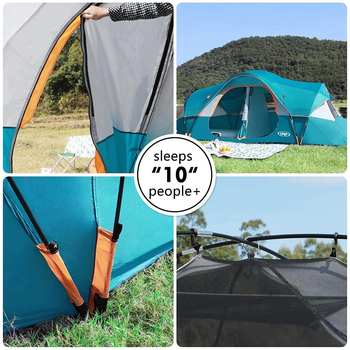 UNP Camping Tent 10-Person-Family Tents, Parties, Music Festival Tent, Big, Easy Up, 5 Large Mesh Windows, Double Layer, 2 Room, Waterproof, Weather Resistant, 18Ft X 9Ft X78In