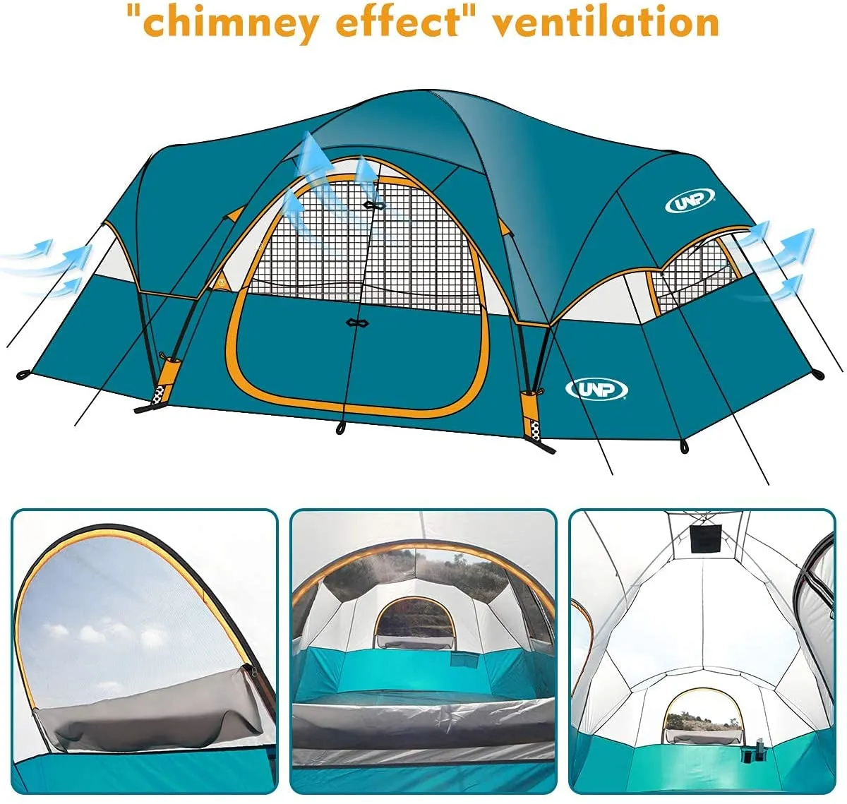 UNP Camping Tent 10-Person-Family Tents, Parties, Music Festival Tent, Big, Easy Up, 5 Large Mesh Windows, Double Layer, 2 Room, Waterproof, Weather Resistant, 18Ft X 9Ft X78In