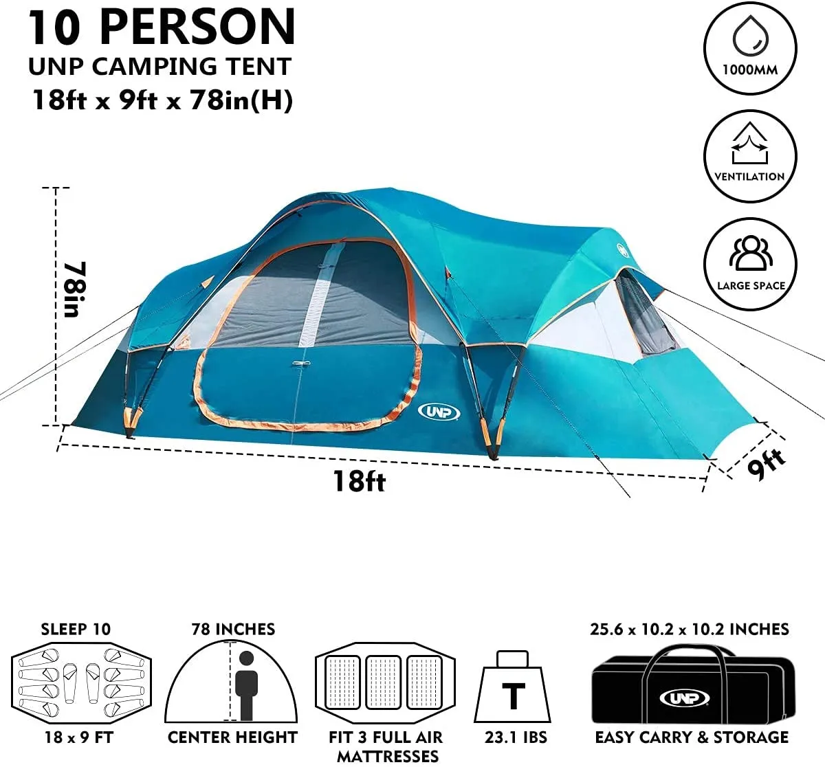 UNP Camping Tent 10-Person-Family Tents, Parties, Music Festival Tent, Big, Easy Up, 5 Large Mesh Windows, Double Layer, 2 Room, Waterproof, Weather Resistant, 18Ft X 9Ft X78In