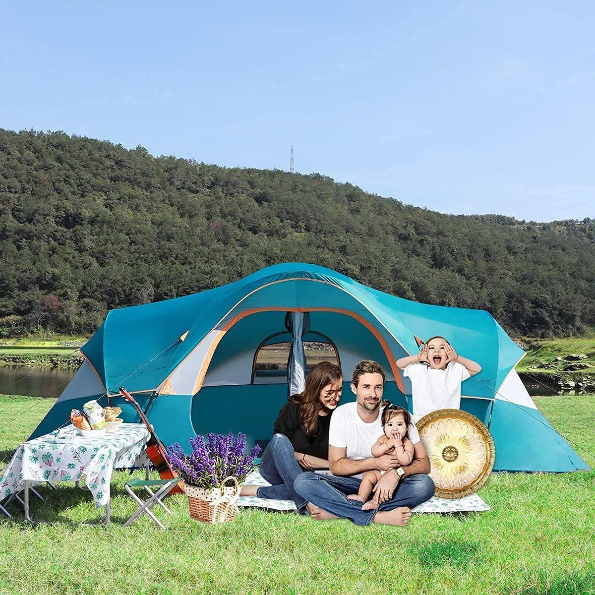 UNP Camping Tent 10-Person-Family Tents, Parties, Music Festival Tent, Big, Easy Up, 5 Large Mesh Windows, Double Layer, 2 Room, Waterproof, Weather Resistant, 18Ft X 9Ft X78In