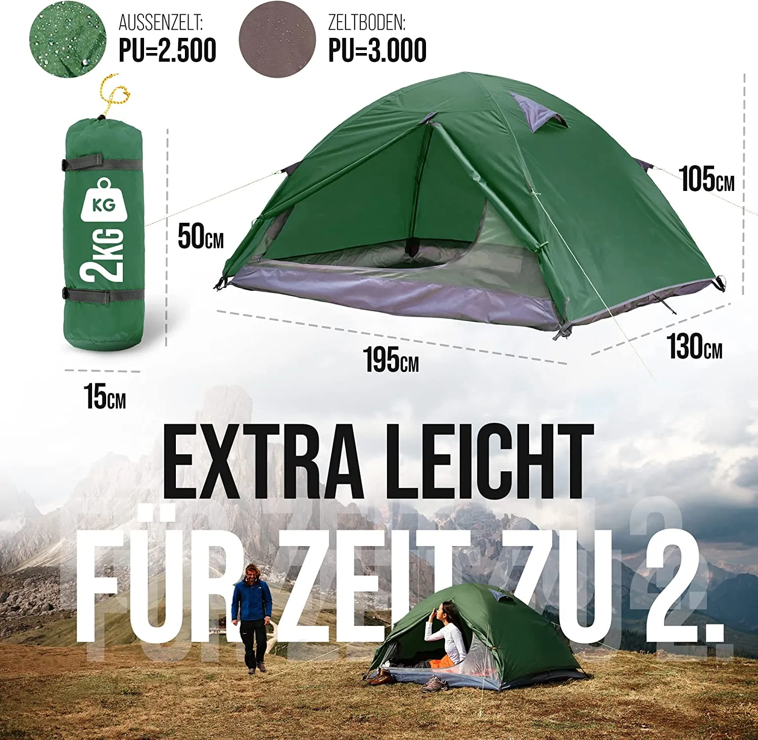 VALKENBERG Tent 1-2 Person - Ideal 1-2 Man Tent - Small Pack Size & Ultralight - Trekking Tent - Ideal as a Festival Tent, Trekking Tent or Fishing Tent - Outdoor Tent