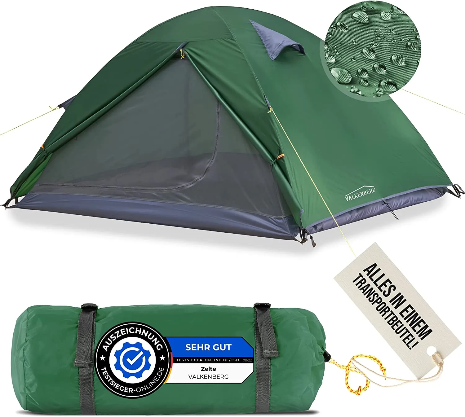 VALKENBERG Tent 1-2 Person - Ideal 1-2 Man Tent - Small Pack Size & Ultralight - Trekking Tent - Ideal as a Festival Tent, Trekking Tent or Fishing Tent - Outdoor Tent